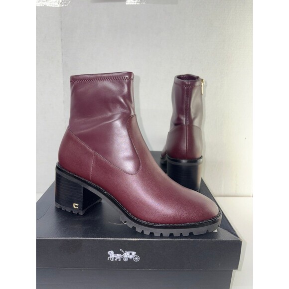 Coach Joy Ankle Boots Women's Dark Cranberry Leather Side Zip Block Heel Sz 8.5B - Picture 1 of 7